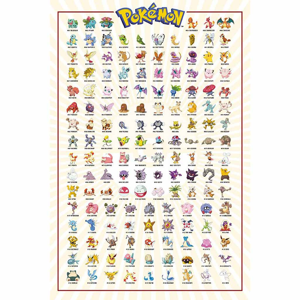 Tableau Original De 150 Pok mon Avec Noms POKEMON Poster Kanto 151 Tableau Original De 150 Pok mon Avec Noms POKEMON Poster Kanto 151